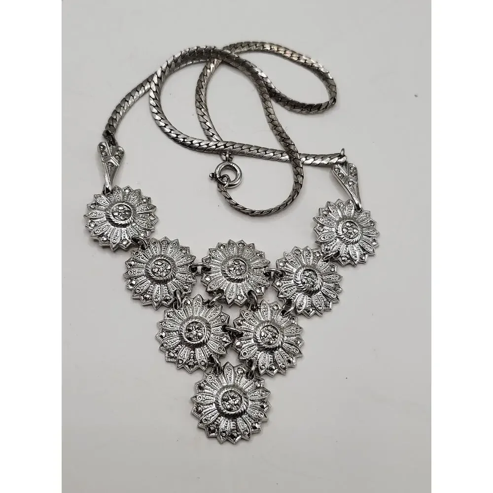 Vintage Floral Necklace Marked Sterling with Marcasite Accents 17 Inch - Picture 2 of 10